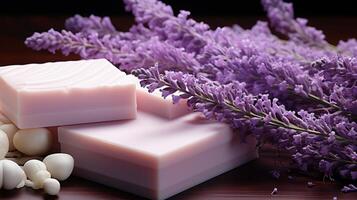 ai generiert Seife Bar Lavendel Blume Duft hausgemacht foto