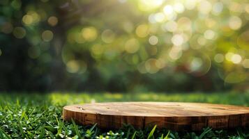 ai generiert einfach runden Holz Podium auf Grün Gras mit Grün wie Hintergrund foto