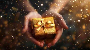 ai generiert Hände präsentieren elegant und Luxus Geschenk Box eingewickelt und dekoriert mit golden Band gegen magisch Bokeh Hintergrund. foto