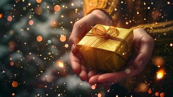 ai generiert Hände präsentieren elegant und Luxus Geschenk Box eingewickelt und dekoriert mit golden Band gegen magisch Bokeh Hintergrund. foto