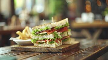 ai generiert Sandwich auf Schneiden hölzern Tafel im ein Cafe foto