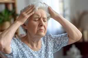 ai generiert Schwindel oder Kopfschmerzen von kaukasisch Senior Frau. foto