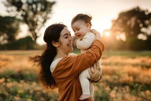 ai generiert kaukasisch Mutter und ihr Baby beim Wiese foto