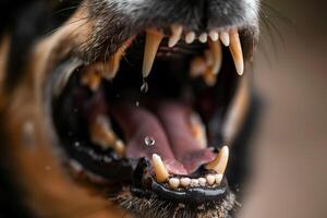 ai generiert Nahansicht von Mund von aggressiv Hund Gebell. Tollwut Virus Infektion Konzept. foto