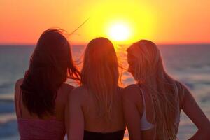 ai generiert drei Mädchen freunde Teilen ein Moment von rein Freude und Glück beim das Strand während Sonnenuntergang foto