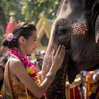 ai generiert Mädchen mit traditionell Kostüm und Elefant im Songkran Festival beim Thailand foto