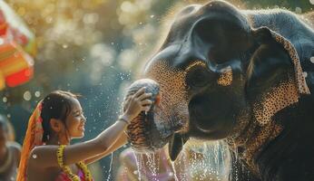 ai generiert Mädchen mit traditionell Kostüm und Elefant im Songkran Festival beim Thailand foto
