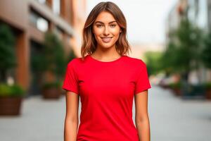 ai generiert jung Frau tragen leer rot T-Shirt draußen. Attrappe, Lehrmodell, Simulation T-Shirt Vorlage. Porträt von schön Frau. foto