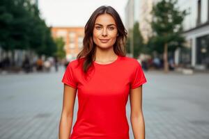 ai generiert jung Frau tragen leer rot T-Shirt draußen. Attrappe, Lehrmodell, Simulation T-Shirt Vorlage. Porträt von schön Frau. foto