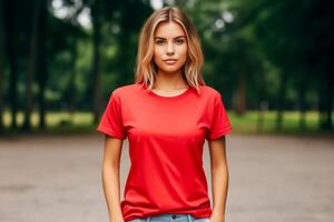 ai generiert jung Frau tragen leer rot T-Shirt draußen. Attrappe, Lehrmodell, Simulation T-Shirt Vorlage. Porträt von schön Frau. foto