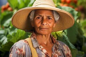 ai generiert alt Farmer Frau im das Gemüse Garten, Nahaufnahme. foto