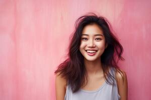 ai generiert Porträt von glücklich jung asiatisch Frau im Vorderseite von das Rosa Mauer foto