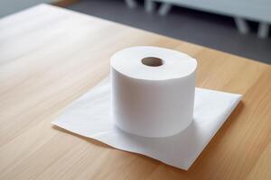 ai generiert Toilette Papier auf Tisch, Nahansicht foto