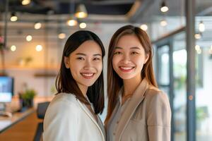ai generiert Porträt von asiatisch Geschäft Team. zwei jung Geschäft Frau im das Büro. foto