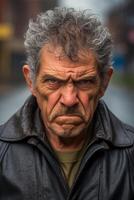 ai generiert Mitte alt wütend Mann auf das Straße, Nahansicht foto