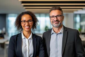 ai generiert glücklich erfolgreich Geschäft Mannschaft im das Büro. Vielfalt Konzept im Geschäft Leben. foto