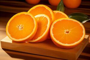 ai generiert frisch Orange Scheiben auf hölzern Tisch, Nahaufnahme. Zitrusfrüchte Frucht. foto