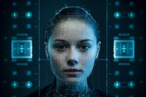 ai generiert Gesicht Anerkennung Technologie Konzept. Frau im das biometrisch Identifizierung Verfahren. foto