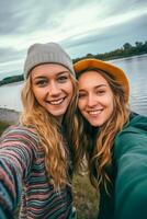 ai generiert zwei Beste freunde jung Frauen nehmen Selfie durch das See foto