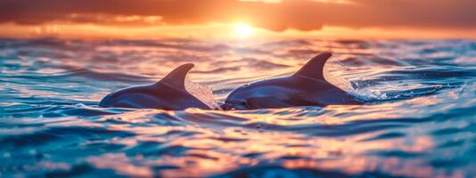 ai generiert golden Sonnenuntergang mit Schwimmen Delfine foto
