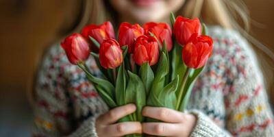 ai generiert Frau halten Strauß von rot Blumen foto