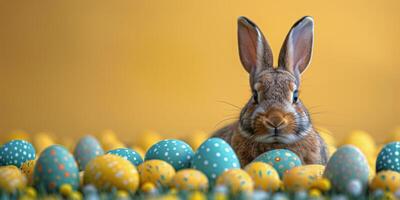 ai generiert Hase Sitzung im ein Feld von bunt Eier foto