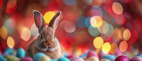 ai generiert Hase Sitzung im ein Feld von bunt Eier foto