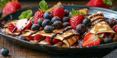 ai generiert Teller von Pfannkuchen mit Erdbeeren und Blaubeeren foto
