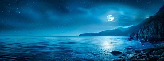 ai generiert majestätisch Mondschein Seelandschaft mit sternenklar Himmel foto