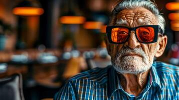 ai generiert Senior Mann mit stilvoll Orange Sonnenbrille foto