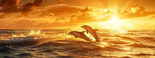 ai generiert zwei Delfine Springen Über Ozean Wellen mit ein strahlend Sonnenuntergang Hintergrund foto