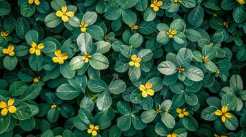 ai generiert Gelb Blumen inmitten Grün Blätter Textur foto