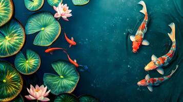 ai generiert heiter Koi Teich mit Blühen Lotusblumen foto