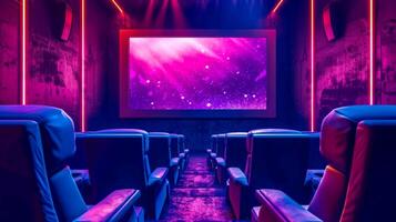 ai generiert beschwingt Film Theater Innere mit kosmisch Bildschirm Anzeige foto