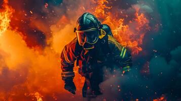 ai generiert mutig Feuerwehrmann im Aktion inmitten heftig Flammen foto