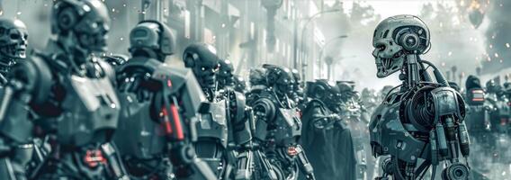 ai generiert futuristisch Roboter Rebellion auf Stadt Straßen foto