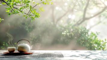 ai generiert still Tee Zeit im neblig Garten Rahmen foto