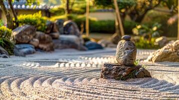 ai generiert heiter Zen Garten beim Sonnenuntergang foto