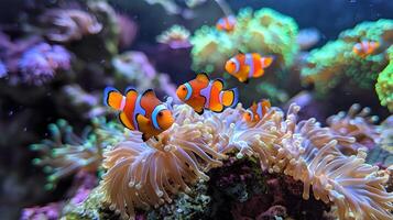 ai generiert lebendig tanzen von Clownfisch unter Anemonen im ein faszinierend Aquarium Anzeige foto
