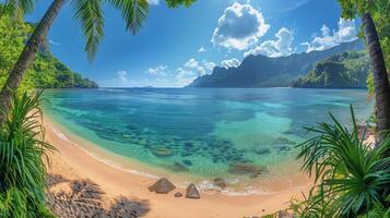 ai generiert szenisch Strand mit Palme Bäume und Blau Wasser foto