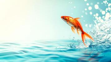 ai generiert golden Fisch Springen aus von Wasser mit Luftblasen foto