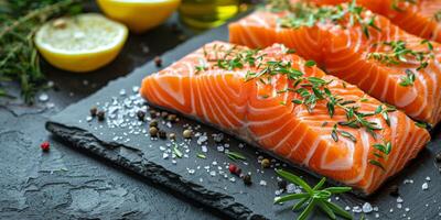 ai generiert Nahansicht von Lachs auf Schneiden Tafel foto