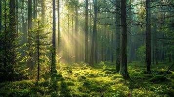 ai generiert verzaubert Wald Sonnenstrahlen beim Dämmerung foto