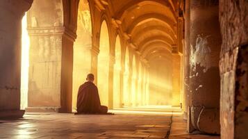 ai generiert heiter Mönch Meditation im sonnendurchflutet Tempel Gang foto