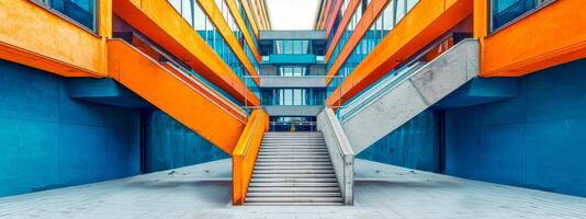 ai generiert modern städtisch die Architektur mit bunt Fassaden und Treppe foto