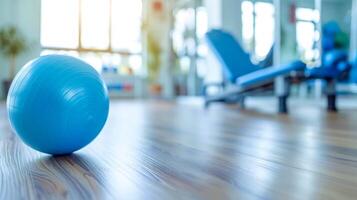 ai generiert hell Fitnessstudio Innere mit Pilates Ball foto