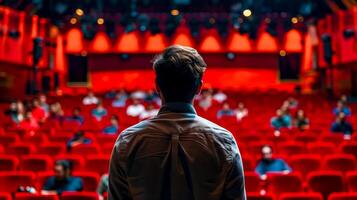 ai generiert Lautsprecher vorbereiten zu Adresse Publikum im Auditorium foto