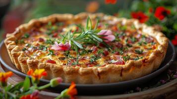 ai generiert Quiche mit Blumen und Kräuter auf ein Teller foto