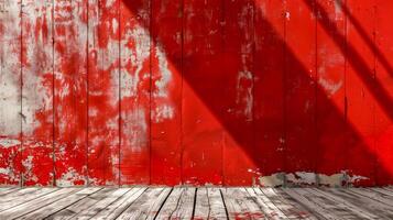 ai generiert Grunge rot gemalt Mauer mit hölzern Fußboden foto