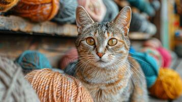 ai generiert Katze Sitzung im Stapel von Garn foto